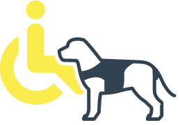 Accessibility icon of a wheelchair and service dog.